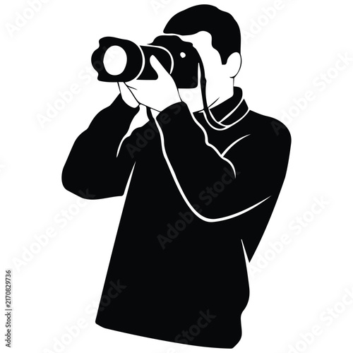 Photographer taking photo with professional camera line art vector illustration design.