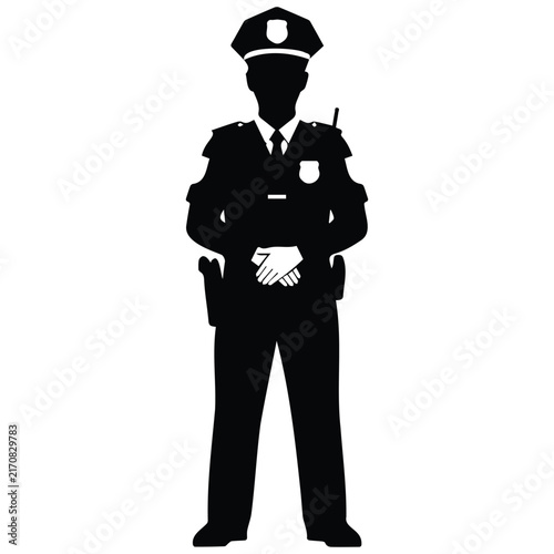 Police officer standing vector silhouette illustration wearing security guard uniform.
