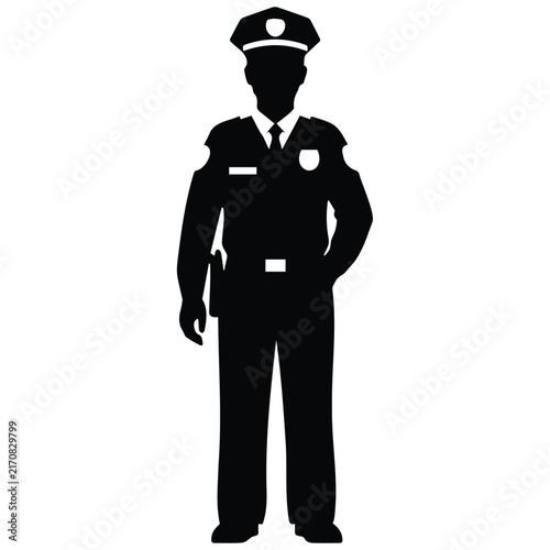 Policeman silhouette vector illustration with badge and name tag standing in formal pose.