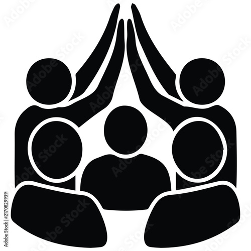 Team giving high five silhouette illustration for success and teamwork, black and white people group line art.