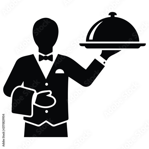 Waiter holding tray with cloche cover vector silhouette illustration for restaurant menu.