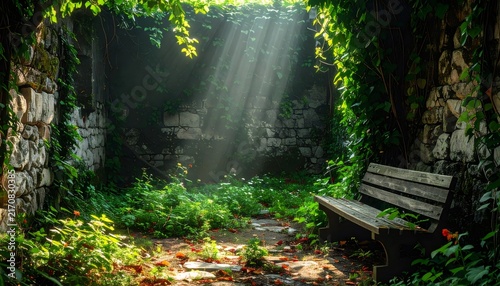 Sunlight beams entering overgrown stone garden ruins with wooden bench