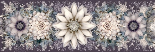 Winter floral symmetrical arrangement with white flowers, frosted leaves and elegant botanical ornament