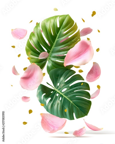 Tropical leaves and falling petals composition with subtle reflections, decorative product asset isolated on white background