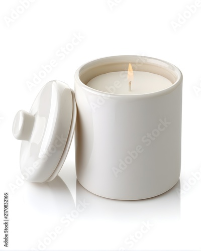 White candle in ceramic jar with clean lid, home fragrance product isolated on white background