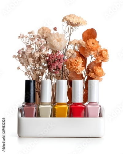 White cosmetic organizer holding colorful nail polish and lip gloss bottles with dried floral accents isolated on white background