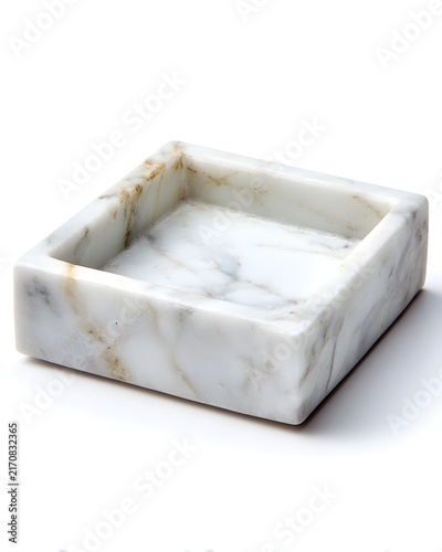 White marble soap dish with subtle veining, bathroom accessory isolated on white background