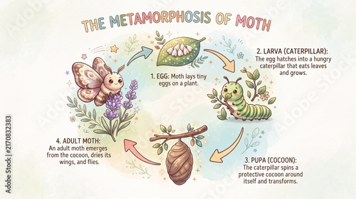 Educational Infographic Illustrating the Biological Lifecycle Stages of a Moth from Egg to Larva Pupa and Mature Insect Transformation