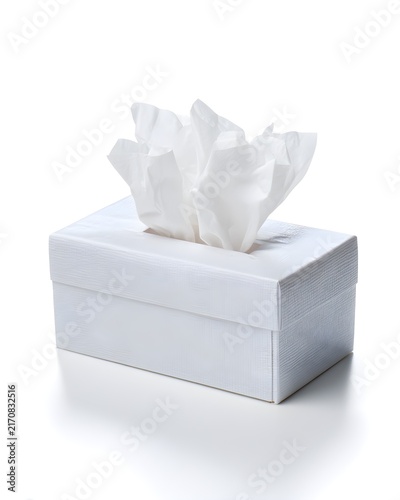 White tissue box with soft protruding tissues, hygiene product isolated on white background