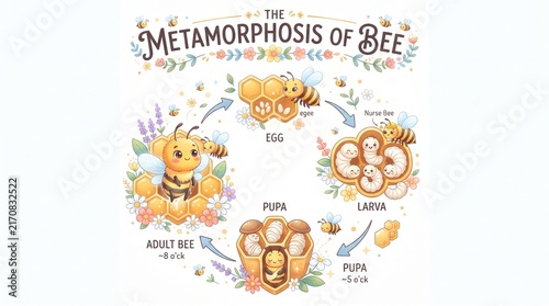A charming and educational infographic illustrating the complete metamorphosis and fascinating life cycle of a honey bee, from egg to adult stages