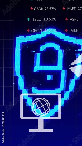 Animation of globe with computer and envelope icons over padlock and data processing