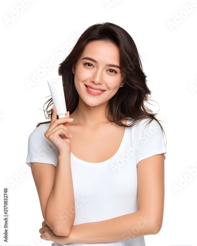 Young woman holding skincare tube with confident smile, beauty advertising subject isolated on white background
