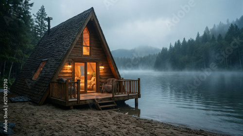 Tranquil lakeshore retreat featuring boutique A-frame cabin with wood-shingled exterior and wraparound deck amidst morning mist