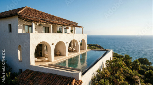 Terracotta tile roof and white stucco exterior of luxury coastal villa with infinity pool overlooking ocean