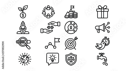 Collection of business and finance line icons on white background