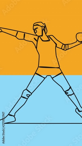 Animation of drawing of female handball player throwing ball and shapes on white background