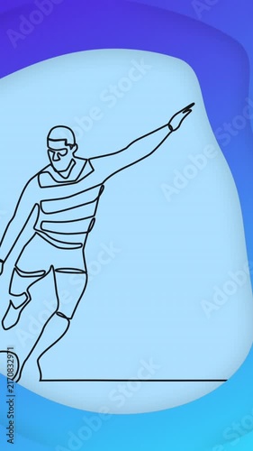Animation of drawing of male rugby player kicking ball and shapes on blue background
