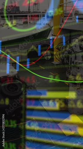 Animation of data processing and stock market over port