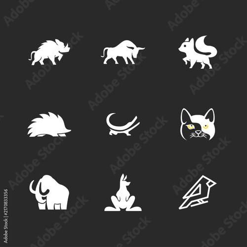 Collection of Modern Geometric Animal Logos: Wild Boar, Bull, Squirrel, Hedgehog, Crocodile, Cat, Mammoth, Kangaroo, Bird Icons