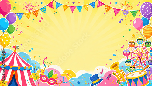 Colorful Carnival Celebration Background with Balloons, Flags and Copy Space