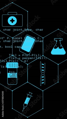 Animation of medical icons and data processing on black background