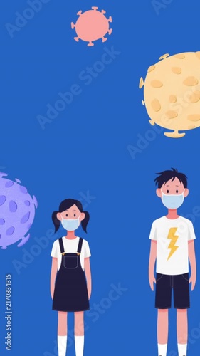 Multiple Covid -19 cells over family wearing face masks against blue background