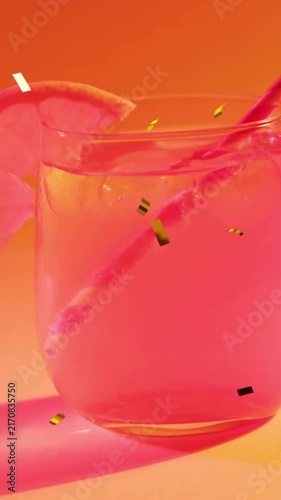 Animation of confetti falling and cocktail on red to yellow background