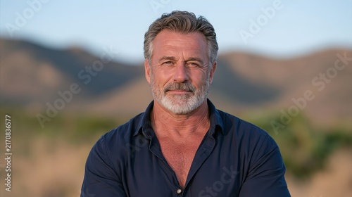 Man with Beard Standing in Desert Landscape