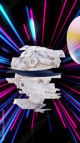 Abstract shapes and neon light streaks animation over classical sculpture head