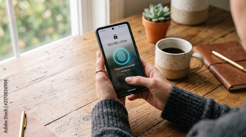 Secure login showing fingerprint recognition on smartphone screen, mobile cybersecurity authentication technology for safe digital banking access and data protection privacy
