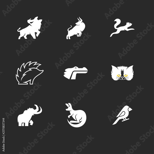 Animal Logos Collection: Diverse Wildlife Silhouettes - Warthog, Bull, Squirrel, Hedgehog, Crocodile, Cat, Mammoth, Kangaroo, Bird Icons for Graphic Design