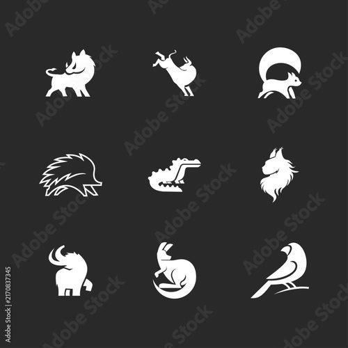 Collection of Nine Abstract Geometric Animal Vector Logos: Boar, Gazelle, Squirrel, Hedgehog, Alligator, Lynx, Mammoth, Kangaroo, Bird