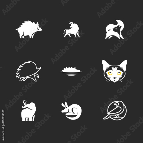 Modern Vector Animal Logo Collection: Wild Boar, Bull, Squirrel, Hedgehog, Crocodile, Cat, Elephant, Kangaroo, and Bird Icons on Dark Background