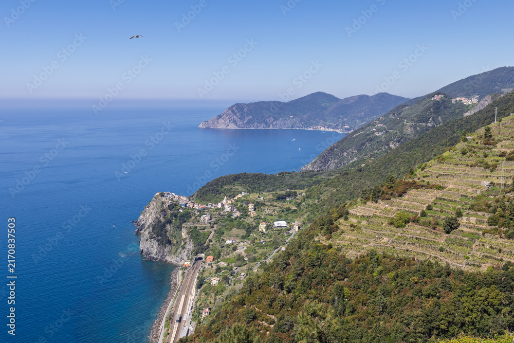 Fototapeta premium Coastal railway in Corniglia along the rugged Ligurian coast of Italy with terraced farming, seen from wide elevated trail perspective.