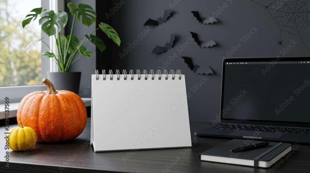horizontal close-up of Halloween-themed workspace with blank calendar, notebook, desk, laptop and pumpkin. modern, tidy home office environment with a thematic Halloween spirit