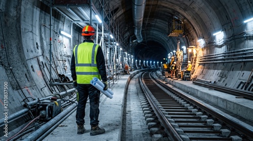 Civil engineer inspecting underground subway tunnel construction site wearing safety helmet and vest holding blueprints, industrial infrastructure development, railway track