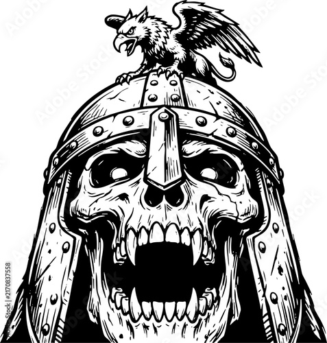 Medieval warrior skull in helmet with griffin crest illustration