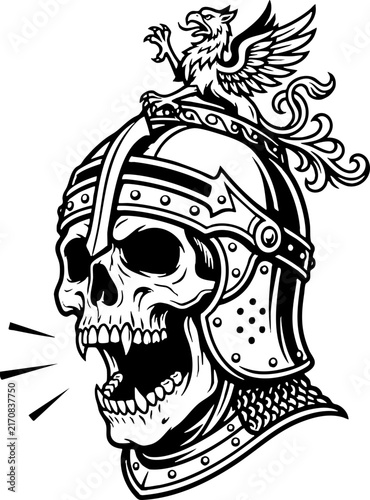 Medieval Knight Skull in Helmet with Griffin Crest Illustration