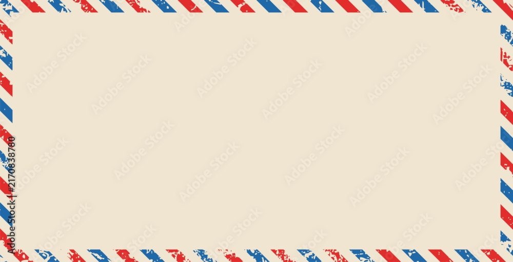 Obraz premium Vintage airmail envelope frame featuring distressed red and blue diagonal border stripes with a blank cream center for messages