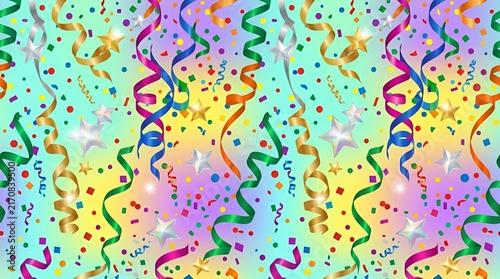 Lively celebration pattern filled with cascading curly ribbons shiny stars and festive confetti on a bright background seamless pattern bow streamer star festive party background colorful