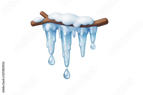 Snow covered branch with dripping icicles