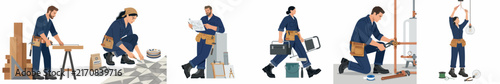 Set of construction workers including carpenter, tiler, plumber, electrician, and contractor in blue overalls performing various home renovation and repair tasks.