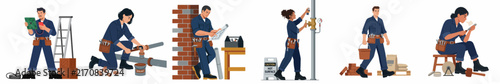 A set of various construction and maintenance professional workers including electrician, plumber, mason, and carpenter in blue uniforms with tools on white background.