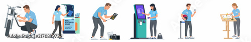 Collection of flat vector illustrations featuring service workers and technicians performing various maintenance, repair, and customer service tasks in a modern professional environment.