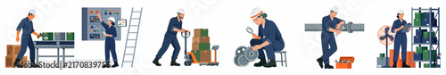 Collection of flat vector illustrations depicting industrial workers engaged in various tasks like shipping, maintenance, inspection, and assembly in a warehouse.