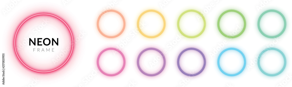 Fototapeta premium Neon glowing circular frame collection in pink, orange, yellow, green, blue, and purple colors. Luminous ring border with light effect.