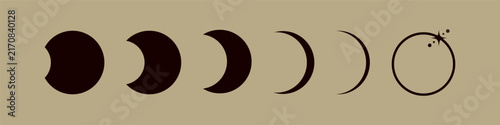 Solar eclipse phases. Rainbow eclipse with a circular aura. Light gray and brown background with various icons, glowing planets. Total solar or lunar eclipse in dark space. Starry glow sparkles