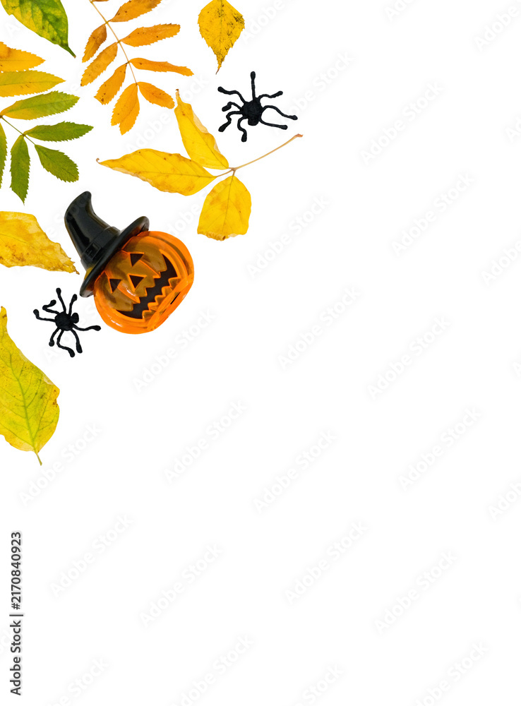 Naklejka premium Vertical Halloween banner with a Jack-o-lantern pumpkin, spiders and fall leaves on a transparent background with place for text