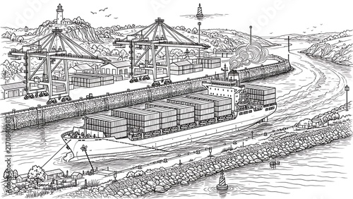 Industrial port scene with cranes and containers white background.