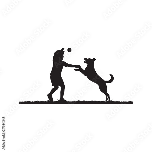 vector illustration of a silhouette of a boy playing with his dog